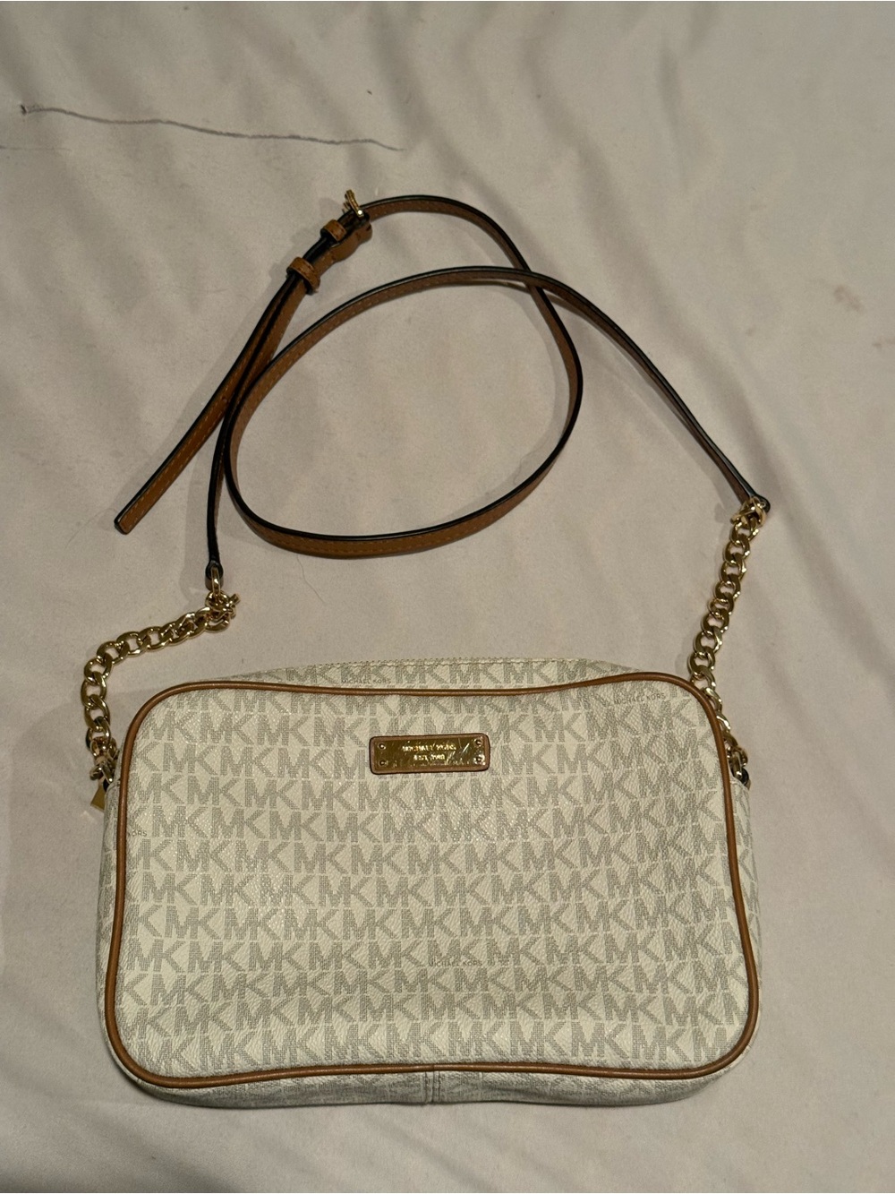 Michael Kors Cream MK Logo Crossbody with Tan Trim and Gold Chain